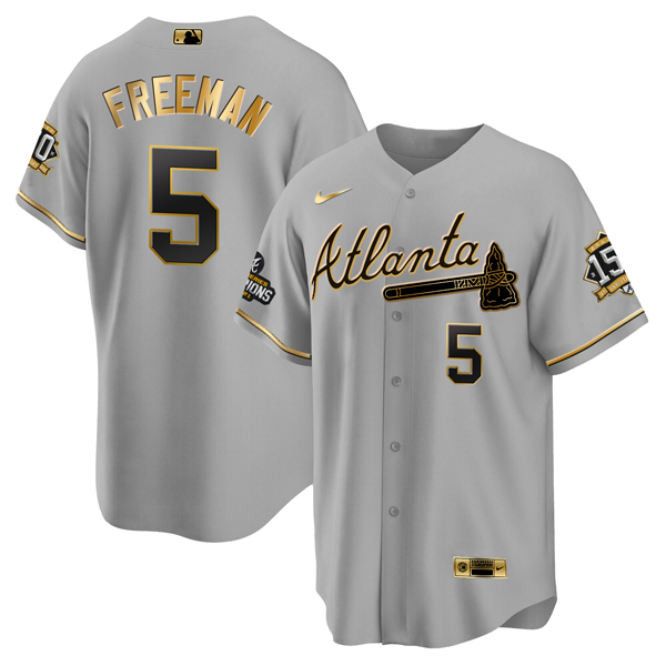 Men's Atlanta Braves #5 Freddie Freeman 2021 Grey/Gold World Series Champions With 150th Anniversary Patch Cool Base Stitched Jersey